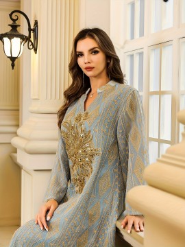 Luxury Muslim Women's Abaya Toga Dress with Golden Embroidery - Middle Eastern Style Long Sleeve Polyester Gown for Weddings & Formal Events, Loose Fit, Geometric Pattern, Hand Wash or Dry Clean, Muslim Clothes