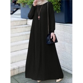 1pc Elegant holiday fashion versatile loose pleated rear zipper solid color suitable for daily wear comfortable casual loose comfortable Women's abaya dress.abayas for women muslim long sleeve dresses for women long frocks for women