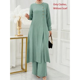 [Ramadan Top Set] Ramadan Solid Color Long Sleeve Top and Pants Set | Arabic Style, Polyester, with Faux Button Detail, for All Seasons, Women's