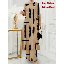 [Ramadan Top Set] Ramadan Solid Color Long Sleeve Top and Pants Set | Arabic Style, Polyester, with Faux Button Detail, for All Seasons, Women's