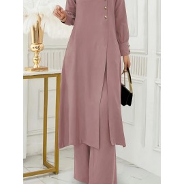 [Ramadan Top Set] Ramadan Solid Color Long Sleeve Top and Pants Set | Arabic Style, Polyester, with Faux Button Detail, for All Seasons, Women's