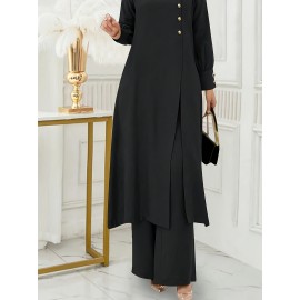 [Ramadan Top Set] Ramadan Solid Color Long Sleeve Top and Pants Set | Arabic Style, Polyester, with Faux Button Detail, for All Seasons, Women's