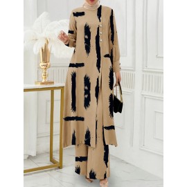 [Ramadan Top Set] Ramadan Solid Color Long Sleeve Top and Pants Set | Arabic Style, Polyester, with Faux Button Detail, for All Seasons, Women's