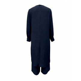 [Ramadan Top Set] Ramadan Solid Color Long Sleeve Top and Pants Set | Arabic Style, Polyester, with Faux Button Detail, for All Seasons, Women's