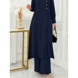 [Ramadan Top Set] Ramadan Solid Color Long Sleeve Top and Pants Set | Arabic Style, Polyester, with Faux Button Detail, for All Seasons, Women's