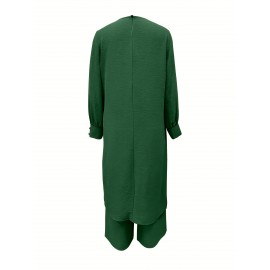 [Ramadan Top Set] Ramadan Solid Color Long Sleeve Top and Pants Set | Arabic Style, Polyester, with Faux Button Detail, for All Seasons, Women's