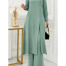 [Ramadan Top Set] Ramadan Solid Color Long Sleeve Top and Pants Set | Arabic Style, Polyester, with Faux Button Detail, for All Seasons, Women's