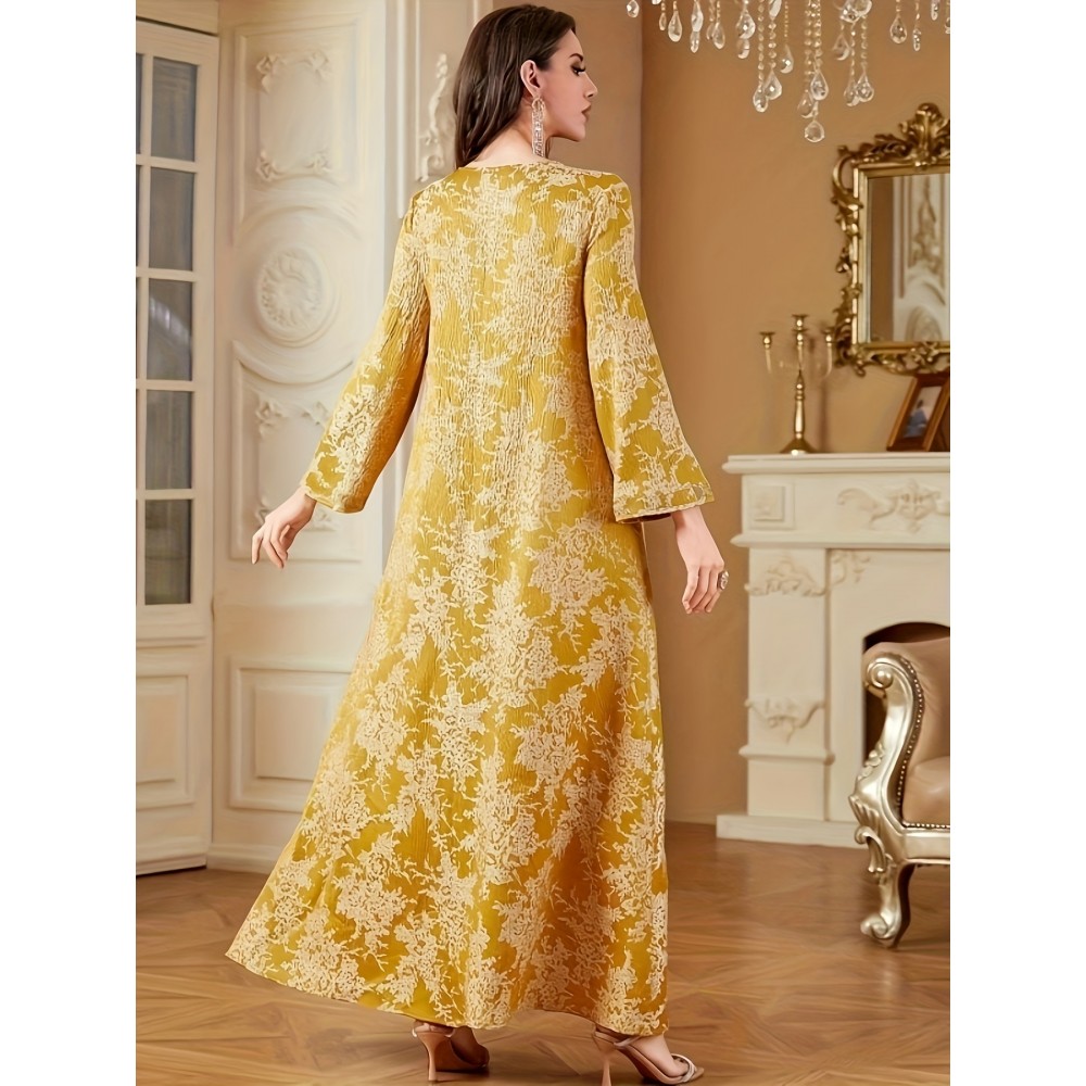 [Vintage Maxi Dress] Vintage-Inspired Elegant Maxi Dress | V-Neck, Long Sleeve, Floral Print, Loose Fit - Middle Eastern Embroidered Design for Vacation or Casual Wear