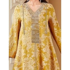 [Vintage Maxi Dress] Vintage-Inspired Elegant Maxi Dress | V-Neck, Long Sleeve, Floral Print, Loose Fit - Middle Eastern Embroidered Design for Vacation or Casual Wear