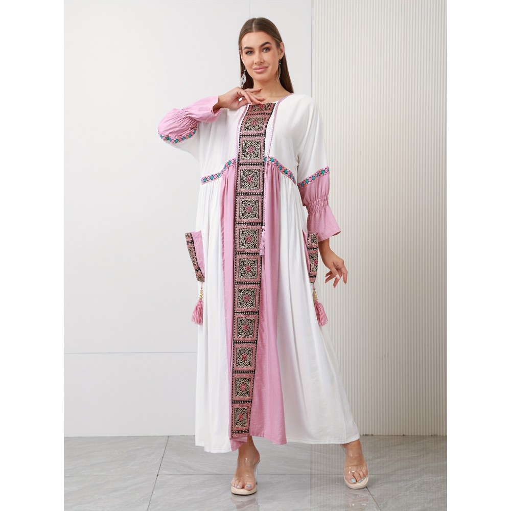 New Design Directional Palace Style Heavy Embroidery Pink Tassel Pendant Ruffle Elastic Three-Quarter Sleeve Double-Pocket Gown for Saudi National Day