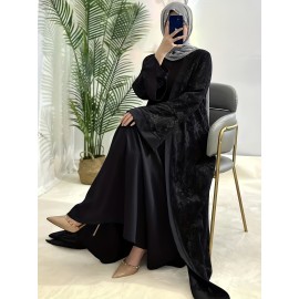 Elegant Black Lace Abaya with Contrast Lace Trim - Long Sleeve, Floor-Length, Belted, All-Season Wear, Traditional Middle Eastern Attire for Women, Cultural Attire|Elegant Abaya|Lace Trim Abaya