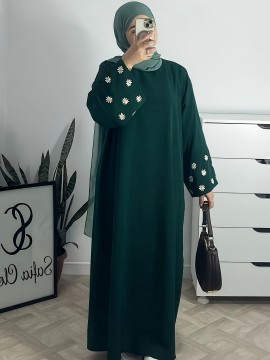 1pc Women's Islamic Abaya Dress - Elegant Hijab Outfit with Cuff Floral embroidery, Navy Blue Arabicrobe, Loose Fit Non-Stretch Muslim Dress for Daily Prayer, Office, Travel - No Scarf Needed, Modest Apparel, Quality Embroidery Detail