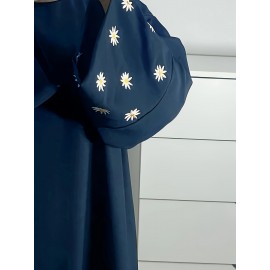 1pc Women's Islamic Abaya Dress - Elegant Hijab Outfit with Cuff Floral embroidery, Navy Blue Arabicrobe, Loose Fit Non-Stretch Muslim Dress for Daily Prayer, Office, Travel - No Scarf Needed, Modest Apparel, Quality Embroidery Detail