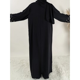 1pc Women's Islamic Abaya Dress - Elegant Hijab Outfit with Cuff Floral embroidery, Navy Blue Arabicrobe, Loose Fit Non-Stretch Muslim Dress for Daily Prayer, Office, Travel - No Scarf Needed, Modest Apparel, Quality Embroidery Detail