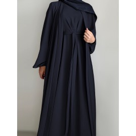 3pcs Traditional Middle Eastern Abaya Dress Set - Long Sleeve, Belted Waist, Solid Color, Non-Stretch Fabric, Spring/Summer/Fall Wear, Includes Cardigan, Dress, and Headscarf, Cultural Attire|Traditional Attire|Belted Waist Dress