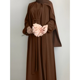 3pcs Traditional Middle Eastern Abaya Dress Set - Long Sleeve, Belted Waist, Solid Color, Non-Stretch Fabric, Spring/Summer/Fall Wear, Includes Cardigan, Dress, and Headscarf, Cultural Attire|Traditional Attire|Belted Waist Dress