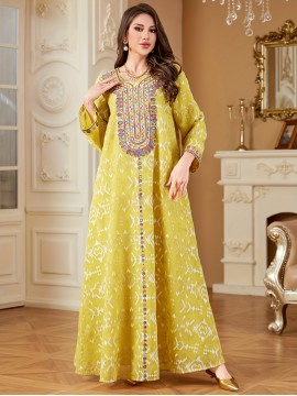 Elegant Floral Sequin Embroidered Long Sleeve Dress - Traditional Middle Eastern Style, Polyester Lined, All-Season Wear