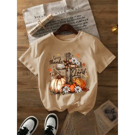 [Thanksgiving Christian Faith] Women's Thanksgiving Christian Faith T-Shirt | Pumpkin Cross Design Give Thanks | Lightweight Orange Fall Church Outfit | Harvest Season Spring/Summer Apparel