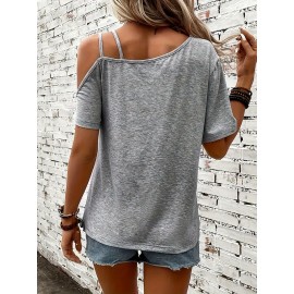 Women's Sexy Off-Shoulder Graphic Print T-Shirt - Black Rose & Butterfly Design, Thin Strap Short Sleeve Summer Top, Machine Washable Casual Chic Blouse for Women, Nontransparent Fabric