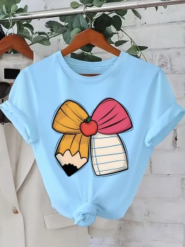 Women's Teacher-Themed T-Shirt - Apple & Pencil Bow Tie Design with Icons (Desk, Books), Short Sleeve Casual Round Neck Top for Educators, Staff & Book Lovers - Machine Washable Teacher Apparel Gift