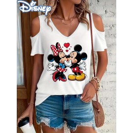 [Disney Minnie Mouse T-Shirt] Disney Minnie Mouse & Mickey Mouse Graphic T-Shirt for Women - Cute Cartoon Print V-Neck Off-Shoulder Short Sleeve Tee, Black with Red Bow & Hearts Design, Summer Casual Top, Disney Shirts