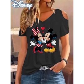 [Disney Minnie Mouse T-Shirt] Disney Minnie Mouse & Mickey Mouse Graphic T-Shirt for Women - Cute Cartoon Print V-Neck Off-Shoulder Short Sleeve Tee, Black with Red Bow & Hearts Design, Summer Casual Top, Disney Shirts