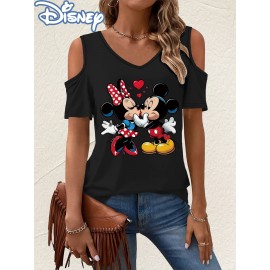 [Disney Minnie Mouse T-Shirt] Disney Minnie Mouse & Mickey Mouse Graphic T-Shirt for Women - Cute Cartoon Print V-Neck Off-Shoulder Short Sleeve Tee, Black with Red Bow & Hearts Design, Summer Casual Top, Disney Shirts