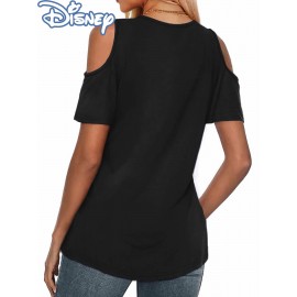 [Disney Minnie Mouse T-Shirt] Disney Minnie Mouse & Mickey Mouse Graphic T-Shirt for Women - Cute Cartoon Print V-Neck Off-Shoulder Short Sleeve Tee, Black with Red Bow & Hearts Design, Summer Casual Top, Disney Shirts