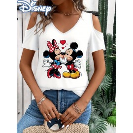 [Disney Minnie Mouse T-Shirt] Disney Minnie Mouse & Mickey Mouse Graphic T-Shirt for Women - Cute Cartoon Print V-Neck Off-Shoulder Short Sleeve Tee, Black with Red Bow & Hearts Design, Summer Casual Top, Disney Shirts