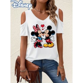 [Disney Minnie Mouse T-Shirt] Disney Minnie Mouse & Mickey Mouse Graphic T-Shirt for Women - Cute Cartoon Print V-Neck Off-Shoulder Short Sleeve Tee, Black with Red Bow & Hearts Design, Summer Casual Top, Disney Shirts