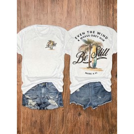 Women's Casual Graphic Print T-Shirt - Short Sleeve Crew Neck, Summer & Spring Essential, White with Palm Tree Design, Machine Washable, Medium Stretch Fabric, Relaxed Fit Top | Vacation Style Shirt | Nontransparent Material