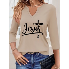 [Jesus Print Casual Top] Comfortable Polyester Women's Casual V-Neck 3/4 Sleeve Top with 