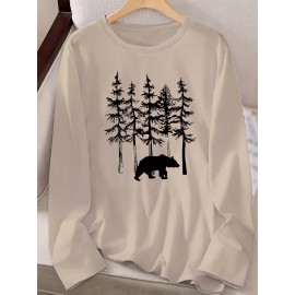 Women's Casual Long Sleeve Crew Neck T-Shirt - Forest Graphic Print with Pine Trees & Bear Silhouette, Medium Stretch Machine-Washable Top for Spring/Fall, Regular Fit Nature-Inspired Casual Attire, Allseason Apparel, Mediumelastic Fabric