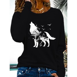 [Wolf Graphic Print Crew Neck Tee] 1pc Casual Wolf Graphic Print Long Sleeve Crew Neck T-Shirt - Polyester Top with Slight Stretch - Animal Pattern Pullover for All Seasons