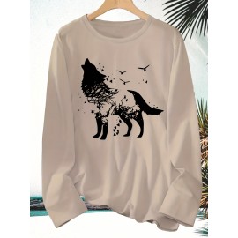 [Wolf Graphic Print Crew Neck Tee] 1pc Casual Wolf Graphic Print Long Sleeve Crew Neck T-Shirt - Polyester Top with Slight Stretch - Animal Pattern Pullover for All Seasons