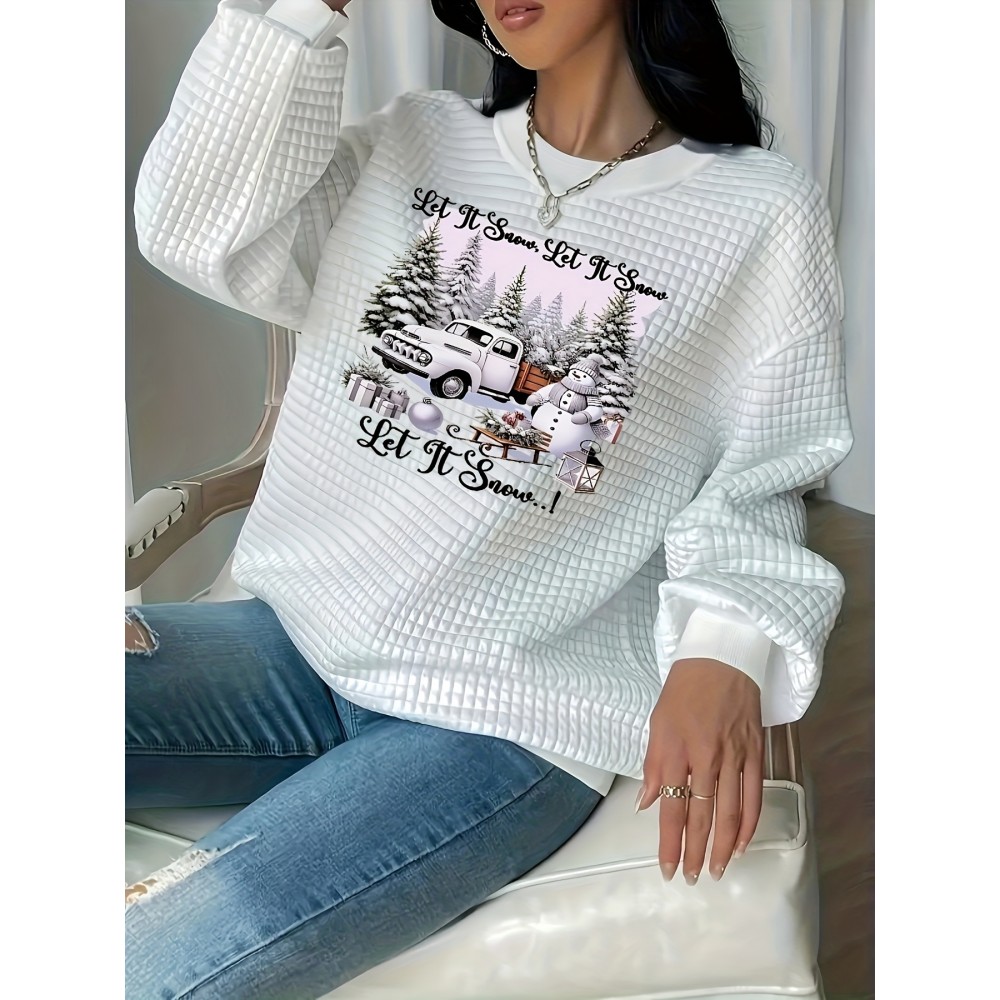 Christmas Trucks Letter Print Sweatshirt for Women - Casual Waffle Knit Long Sleeve Pullover - Soft, Breathable, Comfortable Fall/Winter Design - Merry Christmas Casual Wear