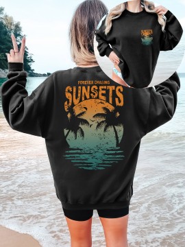 [Palm Tree Print Sweatshirt] Crew Neck Palm Tree Print Sweatshirt - Casual Fall & Spring Women's Clothing