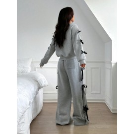 Solid Color Women's Casual Loose Bow Decoration Long Sleeve Top and Pants Two-Piece Set