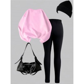 2pcs Set Women'S Casual New York Monogram Print Long Sleeve Knitted Polyester Spandex Crew Neck Sweatshirt & Sweatpants Set, Comfortable Stretch Fabric, 250g/m² 230g/m², for Fall, Winter, Outdoor Use