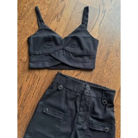 [Elegant Beige Top & Pants Set] Elegant Beige Sleeveless Top & Button-Pants Set - Chic V-Neck Ruffled Detail Shirt with High-Waisted Wide-Leg Pants, Casual or Office Wear