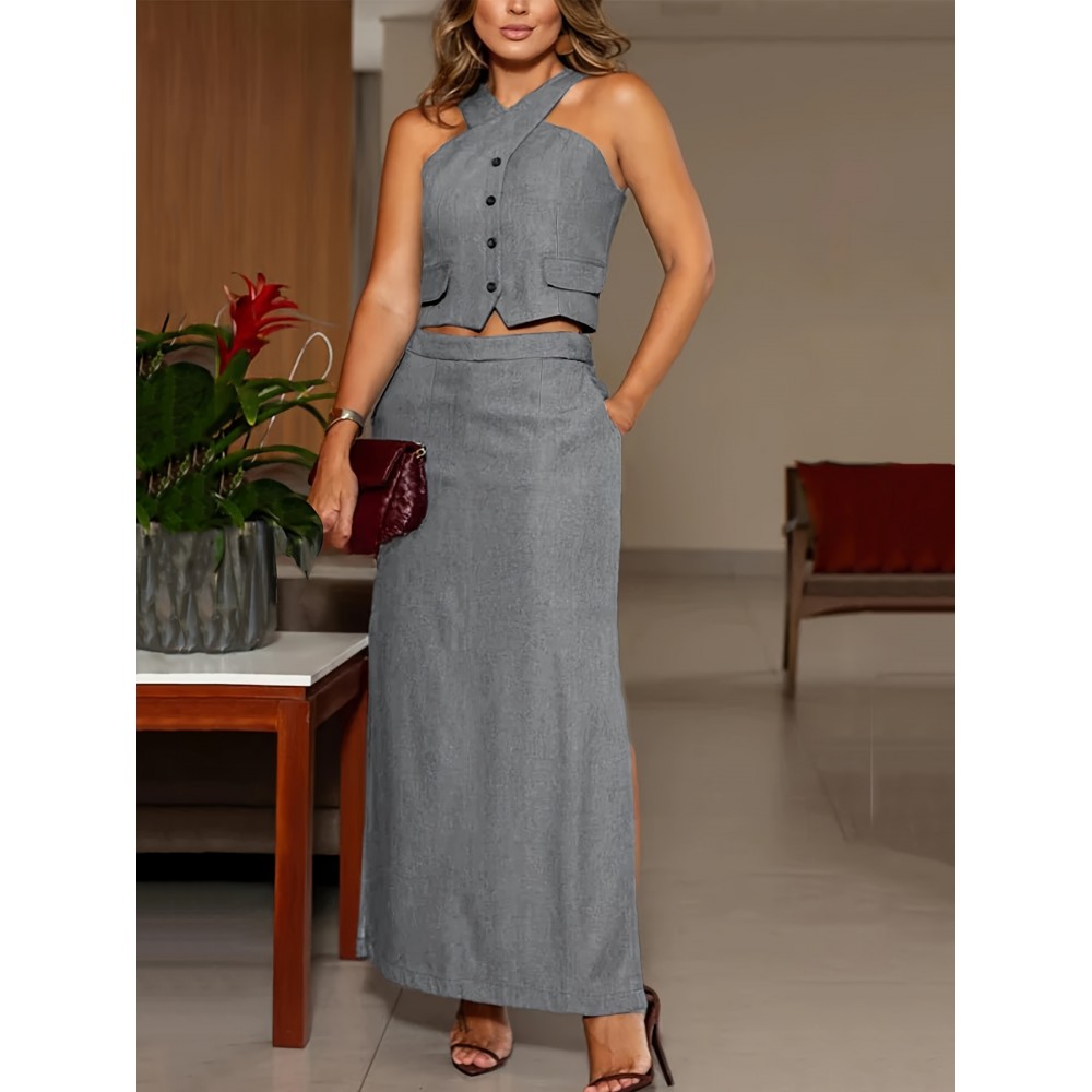 [Elegant Two-Piece Set] Elegant Solid Color Women's Sleeveless Cross Vest Top and Skirt Two-Piece Set