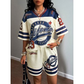 Retro jersey-inspired set with 23 number print, color-blocked design. Comfy short-sleeve top and shorts, Light Beige-friendly and breathable, trendy and casual, perfect for shopping, vacation, and lounging.