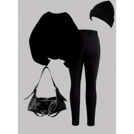 Women'S 2pcs Set, Women'S Casual Bow Print Design Crew Neck Sweatshirt and Leggings, Fall/ Winter