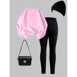 Women'S 2pcs Set, Women'S Casual Bow Print Design Crew Neck Sweatshirt and Leggings, Fall/ Winter