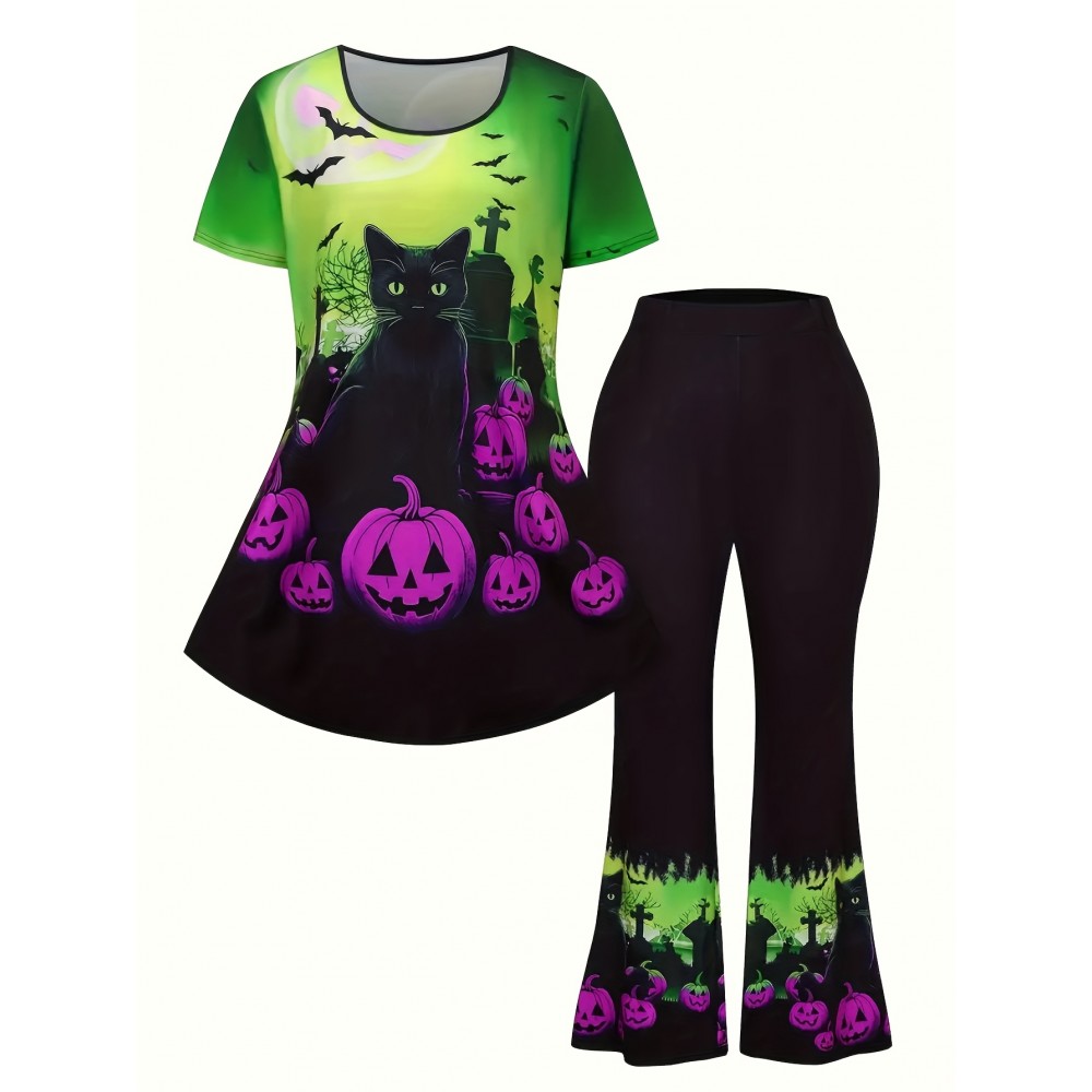 Halloween Black Cat Pumpkin Bat Print Short Sleeve T-Shirt and Long Pants Set, Elegant Style, Perfect for Halloween Celebrations, Halloween Attire|Playful Print|Polyester Fabric