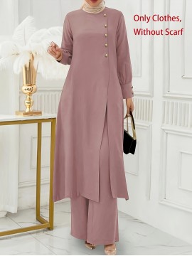 [Ramadan Top Set] Ramadan Solid Color Long Sleeve Top and Pants Set | Arabic Style, Polyester, with Faux Button Detail, for All Seasons, Women's