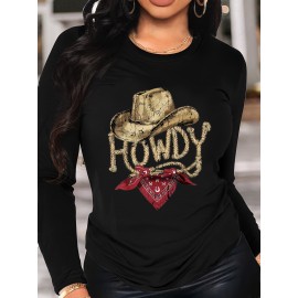 Women's Western Cowboy Graphic Long Sleeve Top - Vintage HOWDY Print with Hat & Bandana Design, Soft Grey All-Season Casual Shirt, Machine Washable Round Neck Women's Clothing, Seasonal Fashion, Comfortable Fit