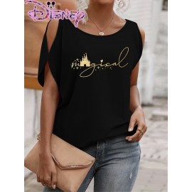 [Disney Coral Pink T-Shirt] Disney Women's Coral Pink Sleeveless T-Shirt | Magical Castle & Stars Print, Round Neck Summer Top, Lightweight Polyester Blend, Perfect for Disneyland or Disney-Themed Outfits