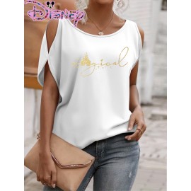 [Disney Coral Pink T-Shirt] Disney Women's Coral Pink Sleeveless T-Shirt | Magical Castle & Stars Print, Round Neck Summer Top, Lightweight Polyester Blend, Perfect for Disneyland or Disney-Themed Outfits