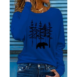 Women's Casual Long Sleeve Crew Neck T-Shirt - Forest Graphic Print with Pine Trees & Bear Silhouette, Medium Stretch Machine-Washable Top for Spring/Fall, Regular Fit Nature-Inspired Casual Attire, Allseason Apparel, Mediumelastic Fabric